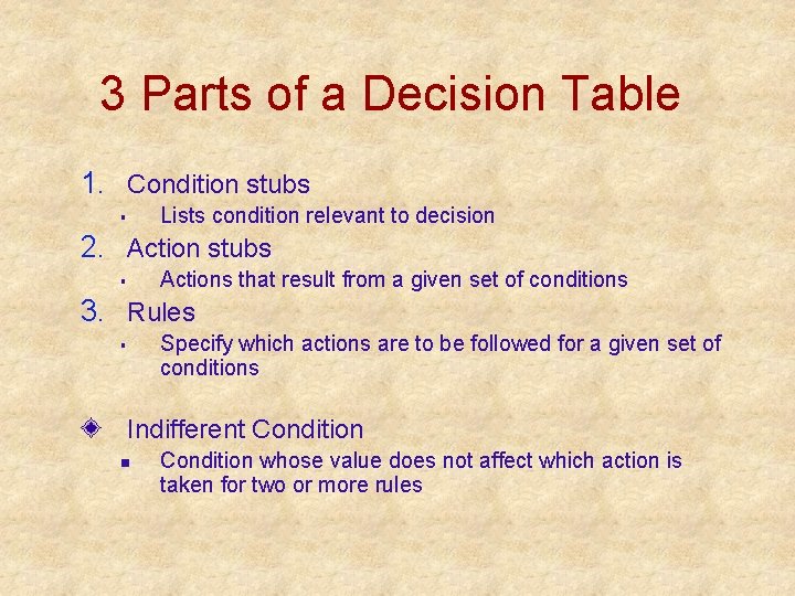 3 Parts of a Decision Table 1. Condition stubs Lists condition relevant to decision