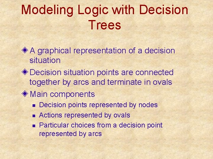 Modeling Logic with Decision Trees A graphical representation of a decision situation Decision situation