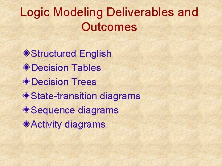 Logic Modeling Deliverables and Outcomes Structured English Decision Tables Decision Trees State-transition diagrams Sequence