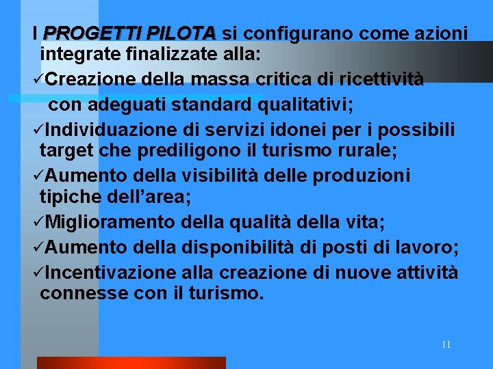 I PROGETTI PILOTA si configurano come azioni integrate finalizzate alla: üCreazione della massa critica