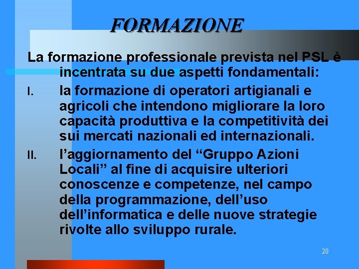 FORMAZIONE La formazione professionale prevista nel PSL è incentrata su due aspetti fondamentali: I.