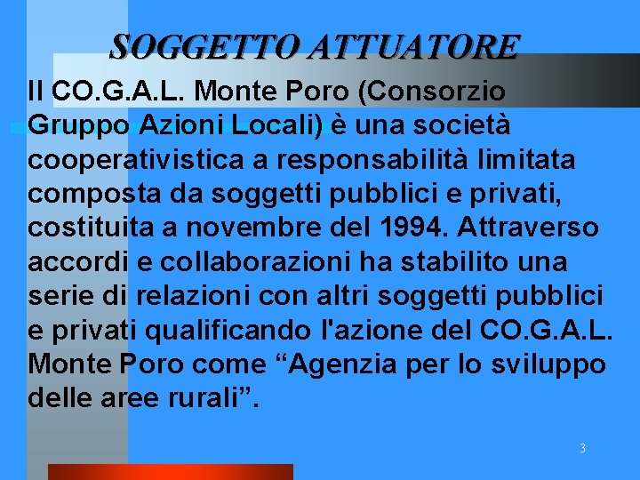 SOGGETTO ATTUATORE Il CO. G. A. L. Monte Poro (Consorzio Gruppo Azioni Locali) è