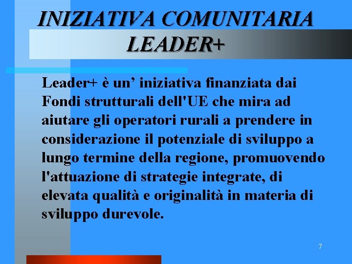 INIZIATIVA COMUNITARIA LEADER+ Leader+ è un’ iniziativa finanziata dai Fondi strutturali dell'UE che mira