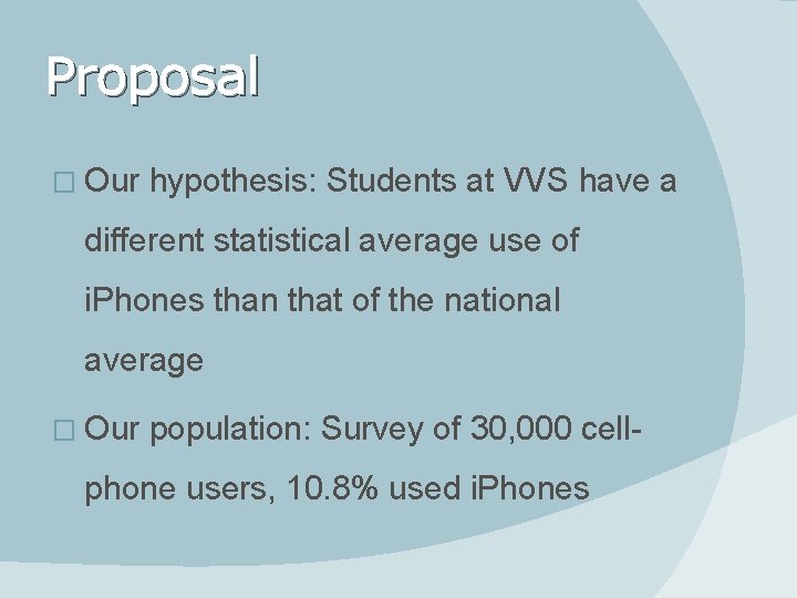 Proposal � Our hypothesis: Students at VVS have a different statistical average use of