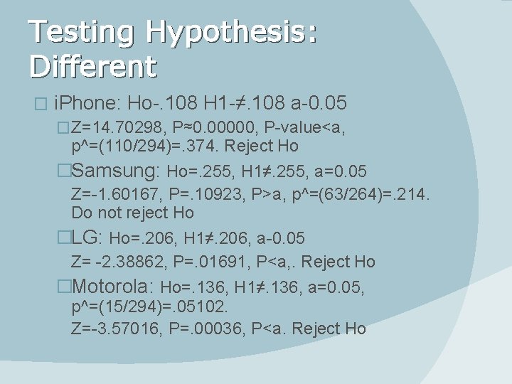 Testing Hypothesis: Different � i. Phone: Ho-. 108 H 1 -≠. 108 a-0. 05