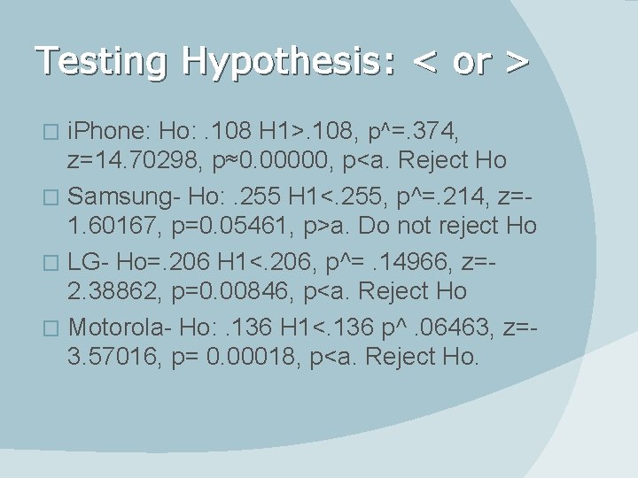 Testing Hypothesis: < or > i. Phone: Ho: . 108 H 1>. 108, p^=.