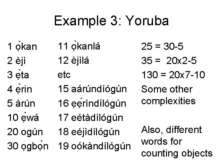 Example 3: Yoruba 1 ọ kan 2 èjì 3 ẹ ta 4 ẹ rin