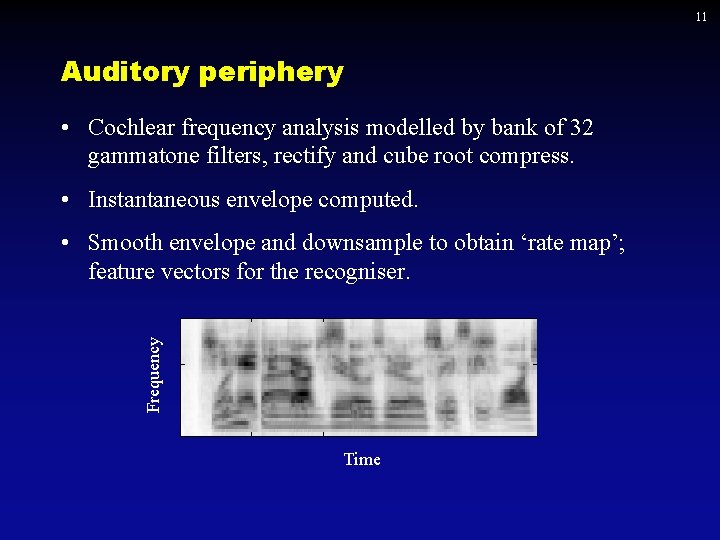 11 Auditory periphery • Cochlear frequency analysis modelled by bank of 32 gammatone filters,