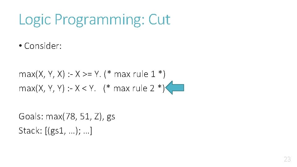 Logic Programming: Cut • Consider: max(X, Y, X) : - X >= Y. (*