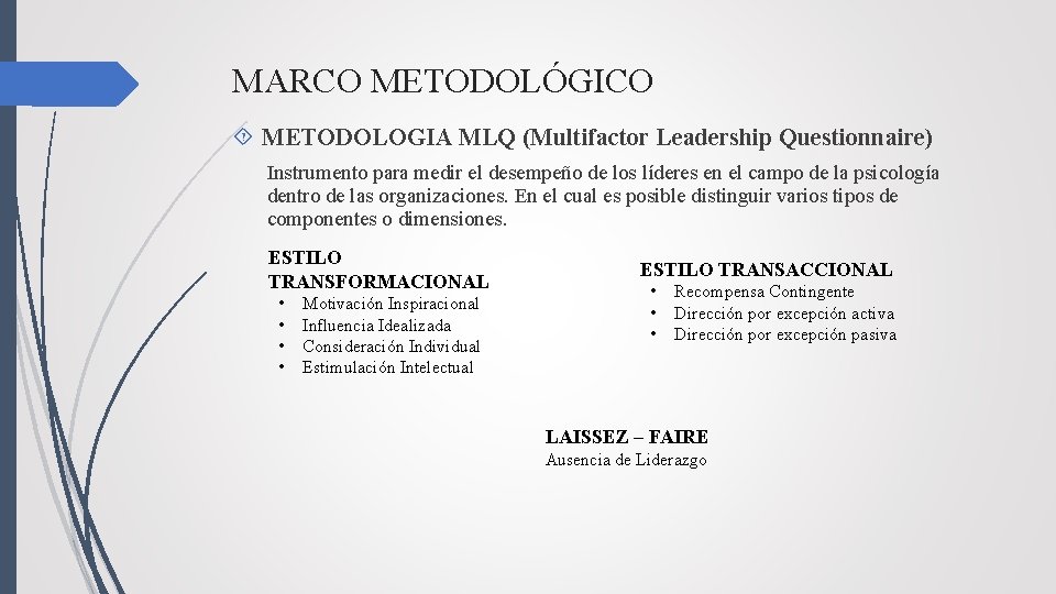 MARCO METODOLÓGICO METODOLOGIA MLQ (Multifactor Leadership Questionnaire) Instrumento para medir el desempeño de los