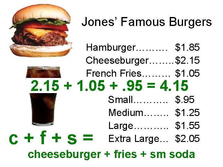 Jones’ Famous Burgers 2. 15 + Hamburger………. $1. 85 Cheeseburger……. . $2. 15 French