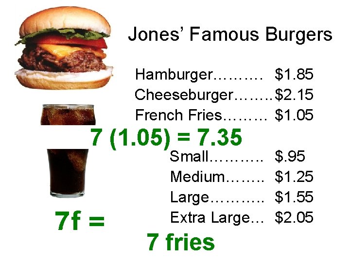 Jones’ Famous Burgers 7 7 f = Hamburger………. $1. 85 Cheeseburger……. . $2. 15
