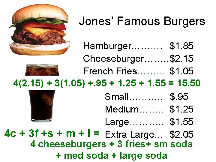 Jones’ Famous Burgers Hamburger………. $1. 85 Cheeseburger……. . $2. 15 French Fries……… $1. 05
