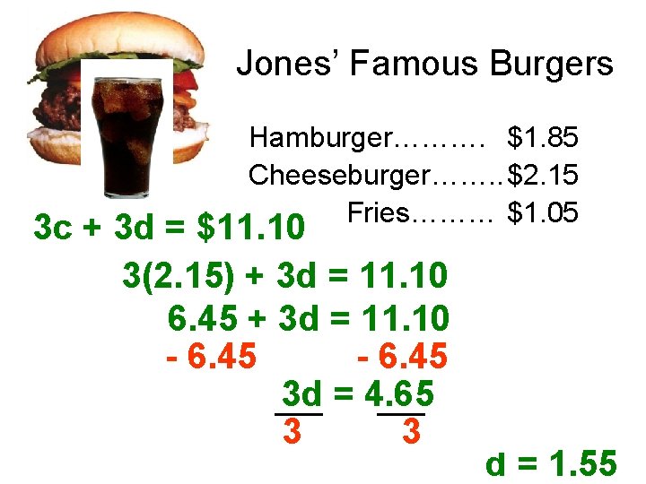 Jones’ Famous Burgers 3 c + Hamburger………. $1. 85 Cheeseburger……. . $2. 15 French
