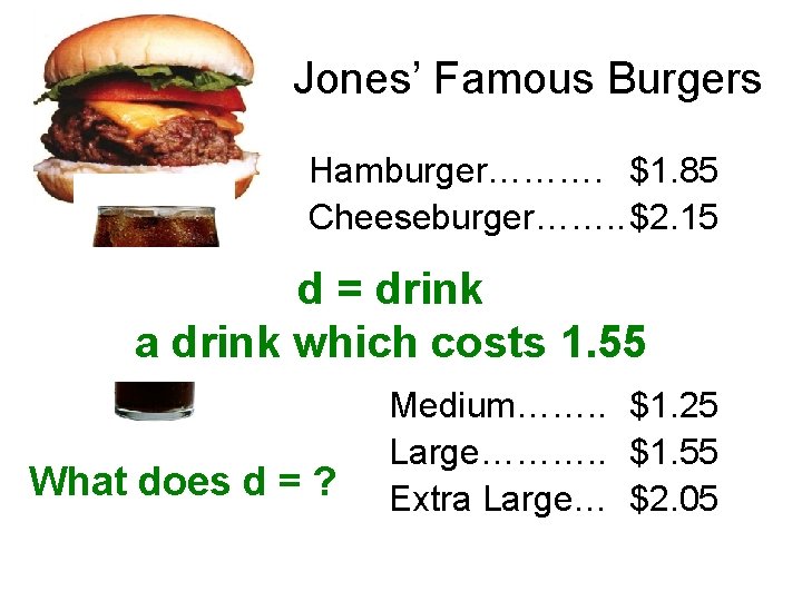 Jones’ Famous Burgers Hamburger………. $1. 85 Cheeseburger……. . $2. 15 French Fries……… $1. 05