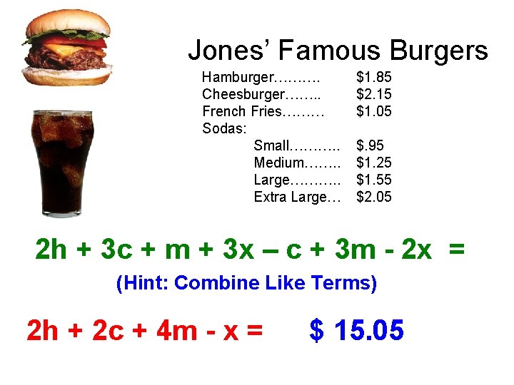 Jones’ Famous Burgers Hamburger………. Cheesburger……. . French Fries……… Sodas: Small………. . Medium……. . Large……….