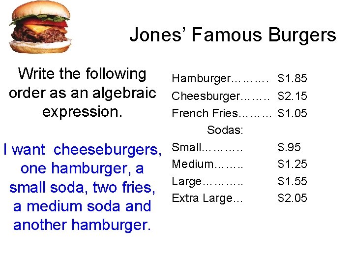 Jones’ Famous Burgers Write the following order as an algebraic expression. I want cheeseburgers,