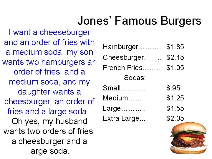 Jones’ Famous Burgers I want a cheeseburger and an order of fries with a