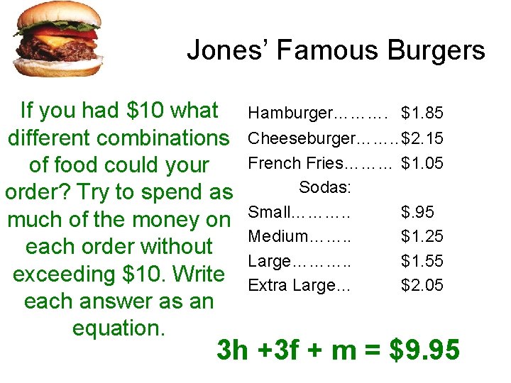 Jones’ Famous Burgers If you had $10 what different combinations of food could your