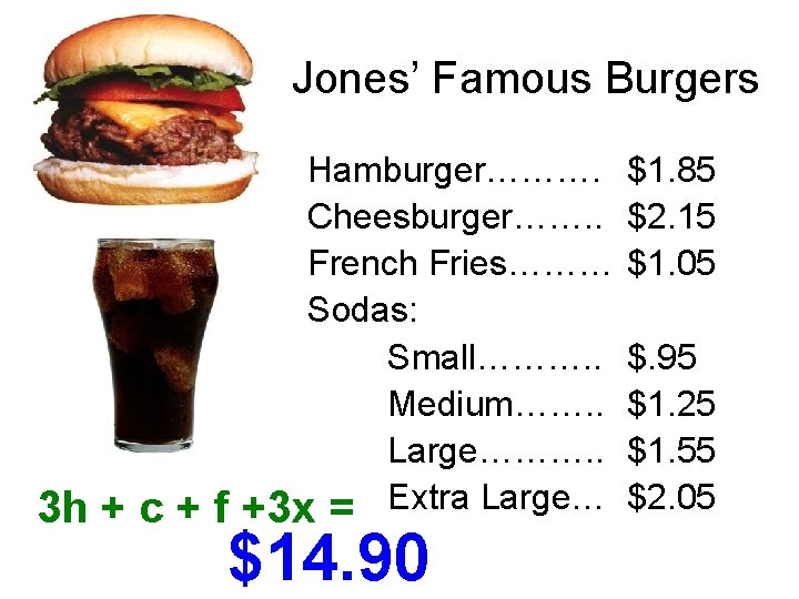 Jones’ Famous Burgers 3 h + c + f Hamburger………. Cheesburger……. . French Fries………