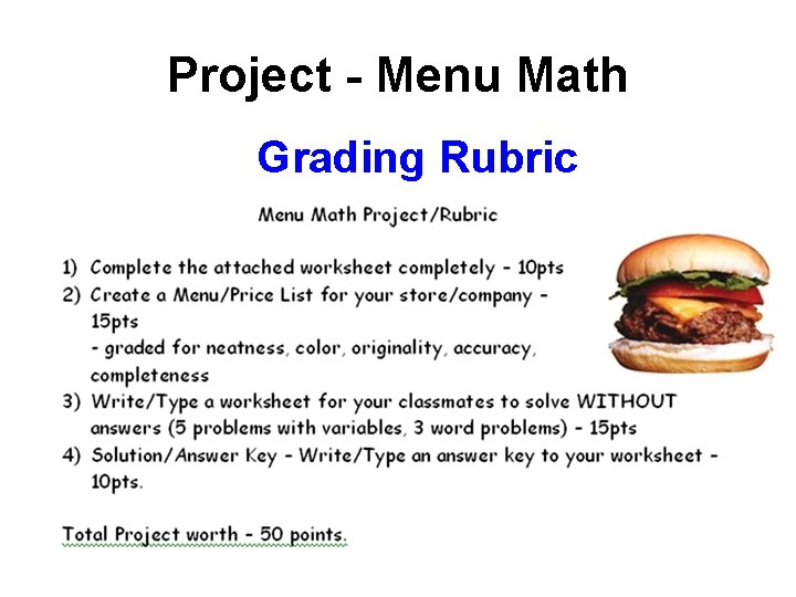 Project - Menu Math Grading Rubric 