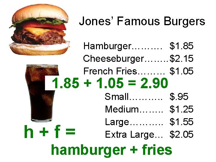 Jones’ Famous Burgers 1. 85 h+f= Hamburger………. $1. 85 Cheeseburger……. . $2. 15 French