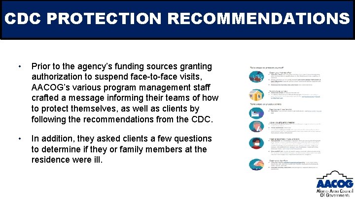 CDC PROTECTION RECOMMENDATIONS • Prior to the agency’s funding sources granting authorization to suspend