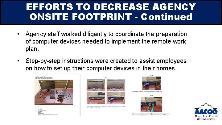EFFORTS TO DECREASE AGENCY ONSITE FOOTPRINT - Continued • Agency staff worked diligently to