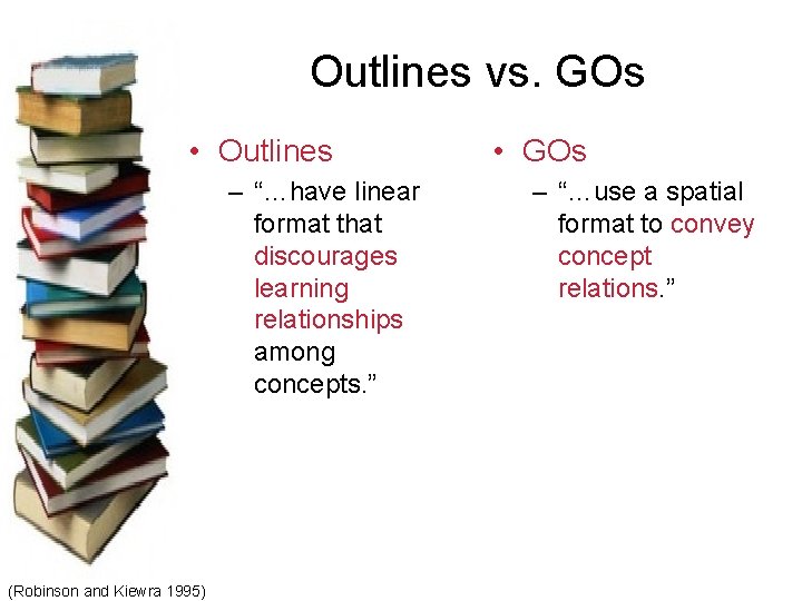 Outlines vs. GOs • Outlines – “…have linear format that discourages learning relationships among