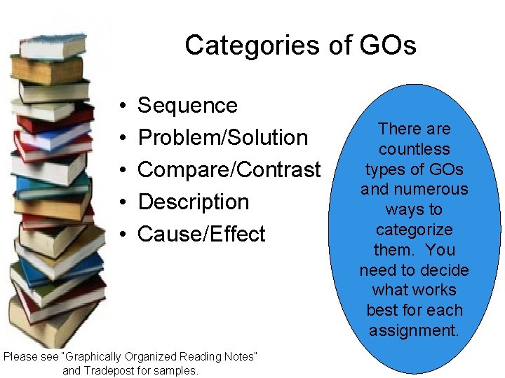 Categories of GOs • • • Sequence Problem/Solution Compare/Contrast Description Cause/Effect Please see “Graphically