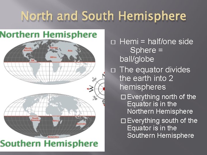 North and South Hemisphere � � Hemi = half/one side Sphere = ball/globe The