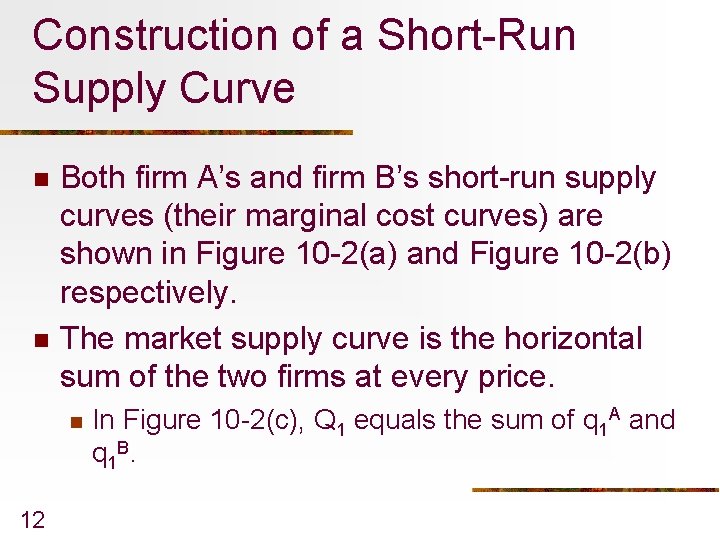 Construction of a Short-Run Supply Curve n n Both firm A’s and firm B’s