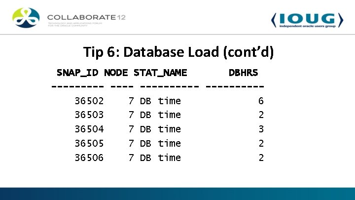 Tip 6: Database Load (cont’d) SNAP_ID NODE STAT_NAME DBHRS ----------36502 7 DB time 6