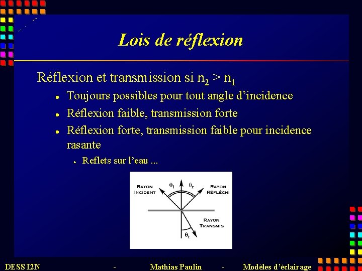 Lois de réflexion Réflexion et transmission si n 2 > n 1 l l