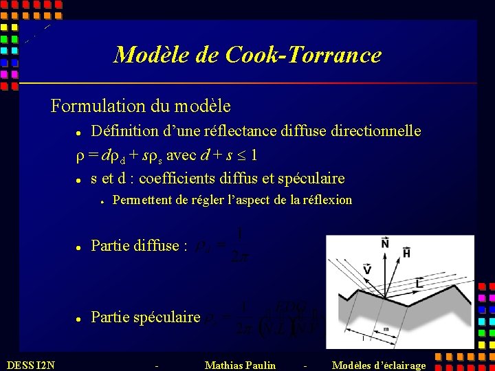 Modèle de Cook-Torrance Formulation du modèle Définition d’une réflectance diffuse directionnelle r = drd