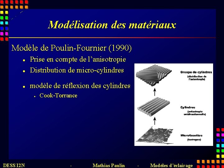 Modélisation des matériaux Modèle de Poulin-Fournier (1990) l Prise en compte de l’anisotropie Distribution