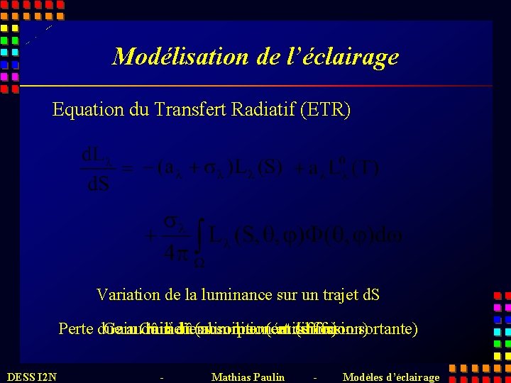 Modélisation de l’éclairage Equation du Transfert Radiatif (ETR) Variation de la luminance sur un