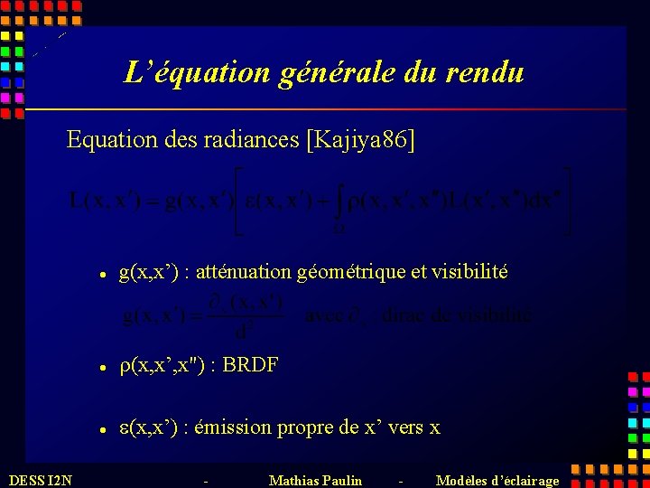 L’équation générale du rendu Equation des radiances [Kajiya 86] DESS I 2 N l
