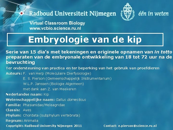 Embryologie van de kip Serie van 15 dia’s met tekeningen en originele opnamen van