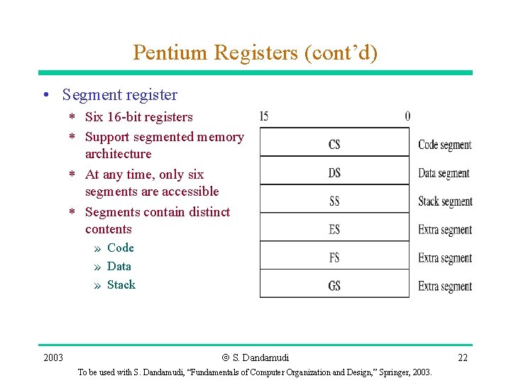 Pentium Registers (cont’d) • Segment register * Six 16 -bit registers * Support segmented