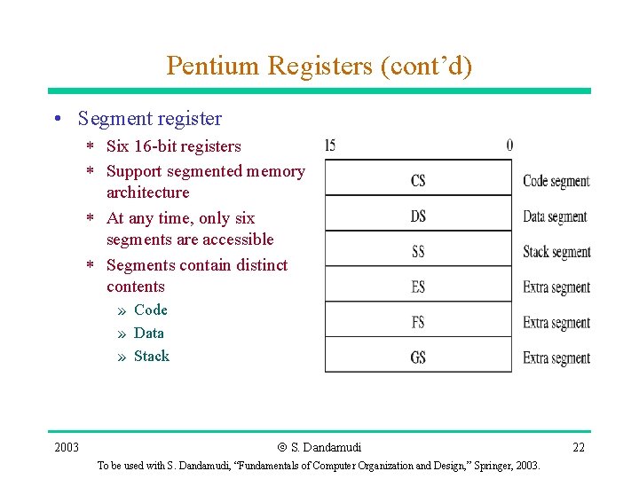 Pentium Registers (cont’d) • Segment register * Six 16 -bit registers * Support segmented
