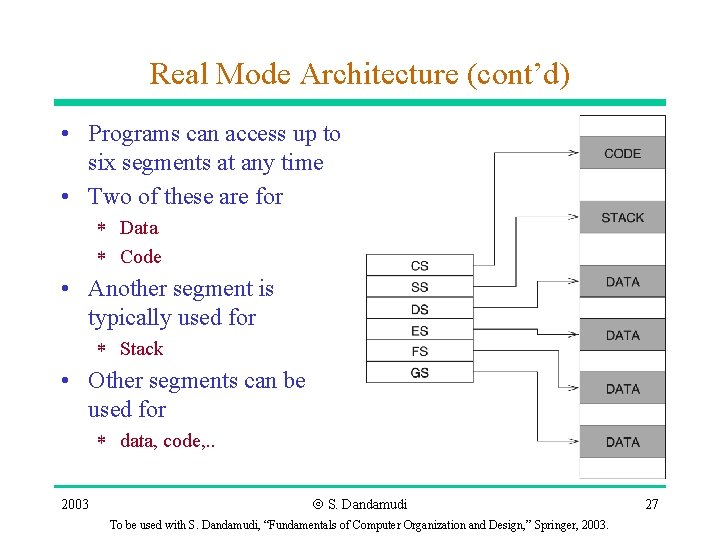 Real Mode Architecture (cont’d) • Programs can access up to six segments at any