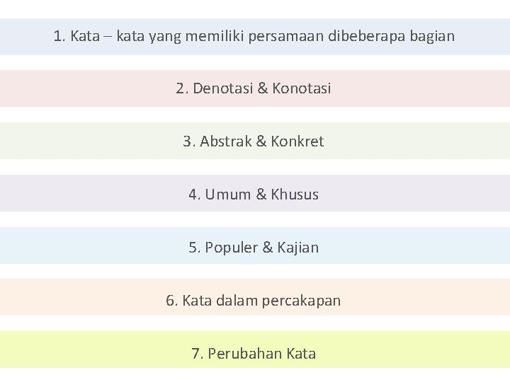 1. Kata – kata yang memiliki persamaan dibeberapa bagian 2. Denotasi & Konotasi 3.