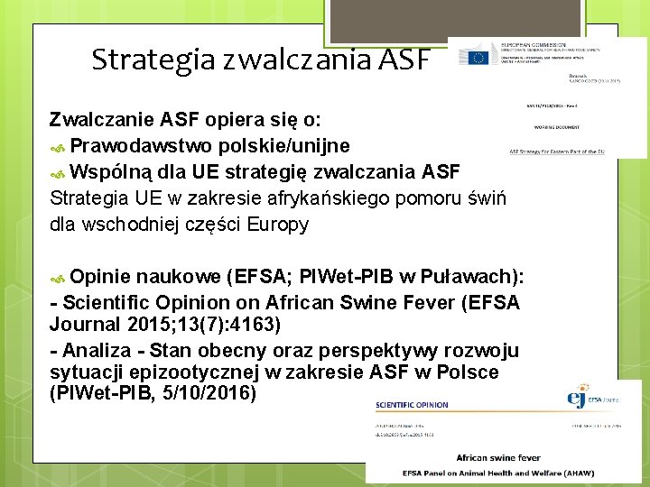 Strategia zwalczania ASF Zwalczanie ASF opiera się o: Prawodawstwo polskie/unijne Wspólną dla UE strategię