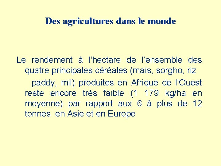 Des agricultures dans le monde Le rendement à l’hectare de l’ensemble des quatre principales