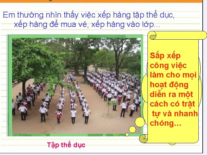 Em thường nhìn thấy việc xếp hàng tập thể dục, xếp hàng để mua