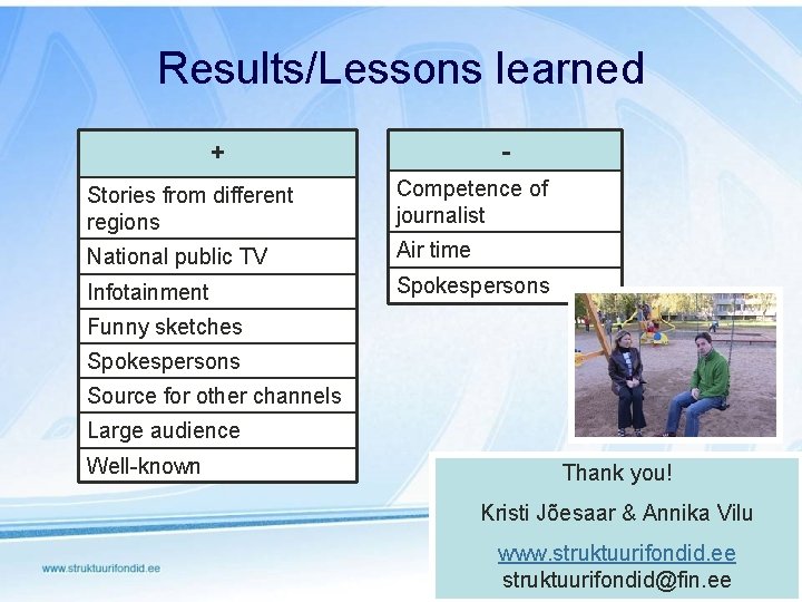 Results/Lessons learned + - Stories from different regions Competence of journalist National public TV