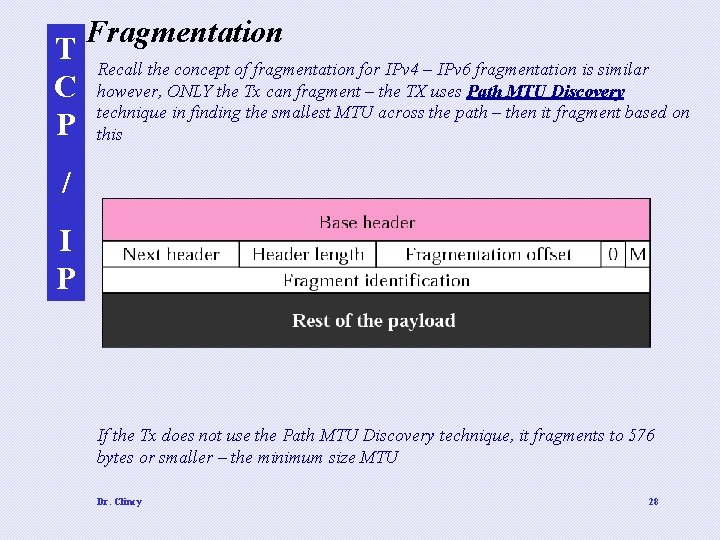 T C P Fragmentation Recall the concept of fragmentation for IPv 4 – IPv