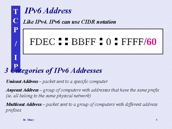 T IPv 6 Address C Like IPv 4, IPv 6 can use CIDR notation