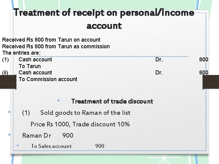 Treatment of receipt on personal/Income account Received Rs 800 from Tarun on account Received